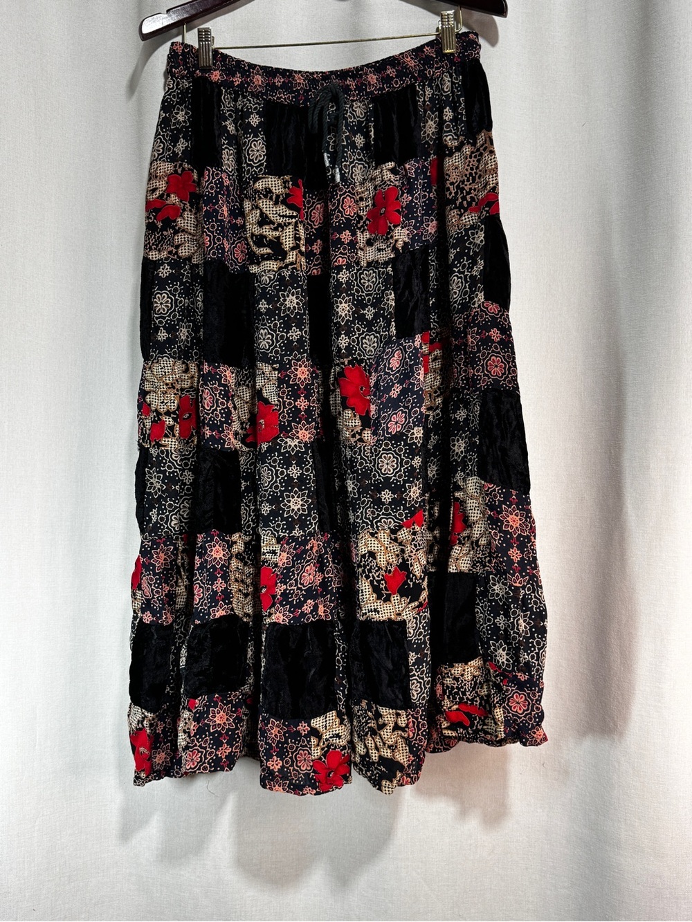 Lotus Women Floral Patchwork Midi Skirt Velvet Rayon Elastic Drawstring One Size